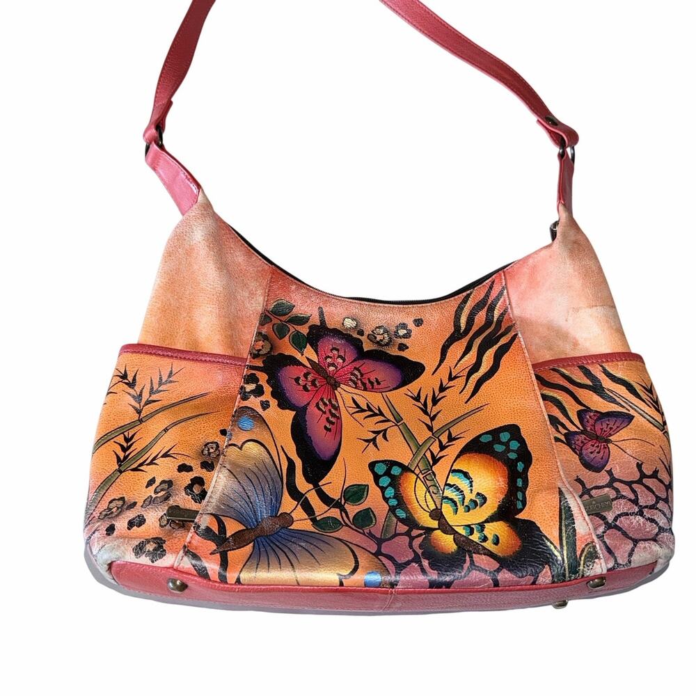 Anusckha leather orange hand painted hobo shoulder bag butterflies whimsical - Picture 13 of 13